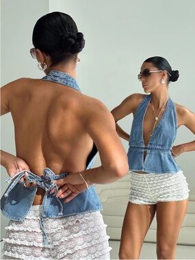 Princess Polly Sequoia Denim Top Blue Halterneck Tie Back Western Boho Festival